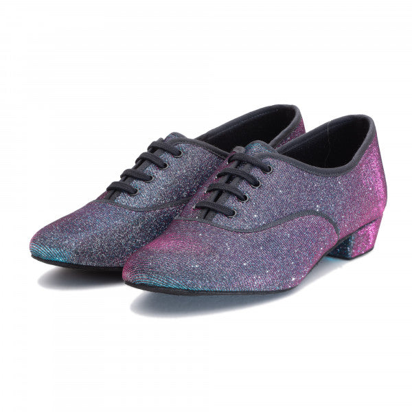 Multi Glitter Low Heel Suede Sole Lace Up Practice Stage Ballroom Shoes