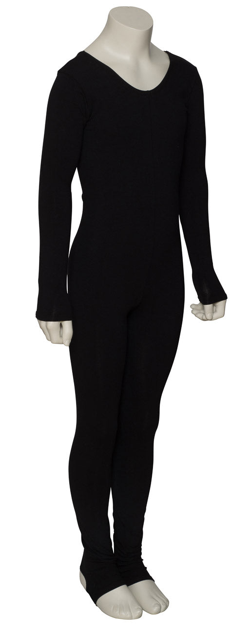 KDC059 Ladies Girls Black Cotton Long Sleeve Catsuit With Stirrups