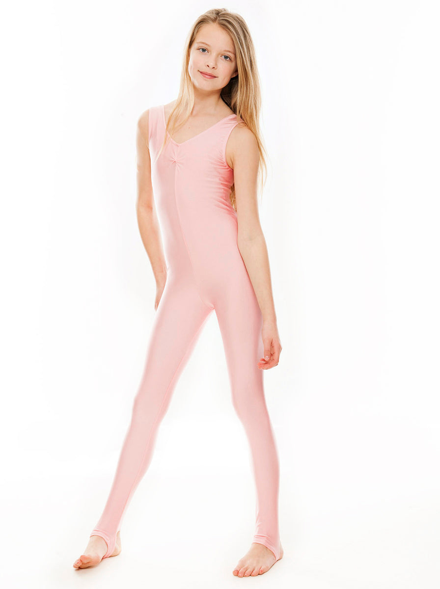 KDC013 Girls All Colours Lycra Sleeveless Ruched Front Dance Catsuit With Stirrups
