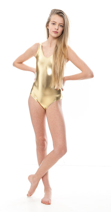KDC026 Girls Shiny METALLIC Sleeveless Plain Front Leotard