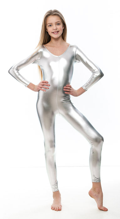 KDC017 Girls Shiny METALLIC All Colours Long Sleeve Footless Catsuit Unitard