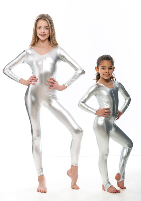 KDC012 Girls Shiny METALLIC All Colours Long Sleeve Stirrup Catsuit Unitard