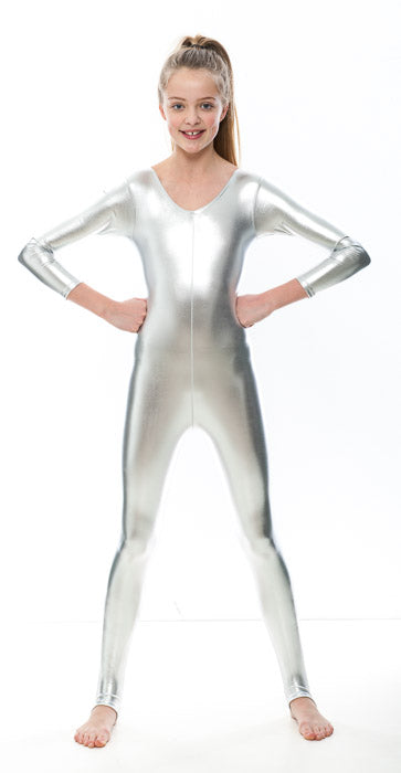 KDC012 Girls Shiny METALLIC All Colours Long Sleeve Stirrup Catsuit Unitard