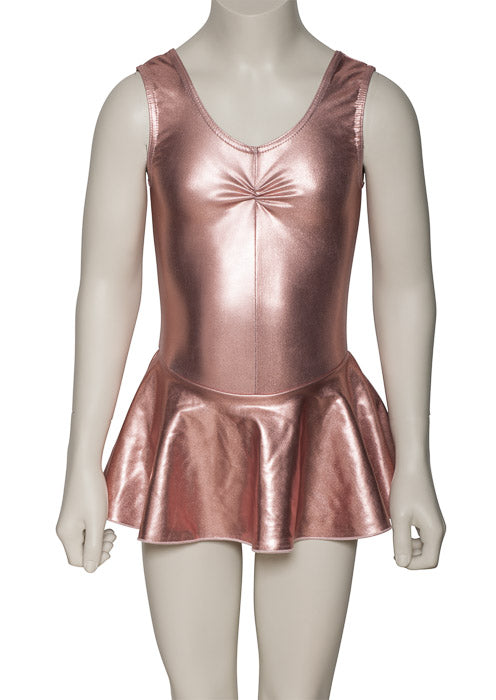 KDR005 Girls Shiny METALLIC Sleeveless Ruched Leotard & Attached Skirt