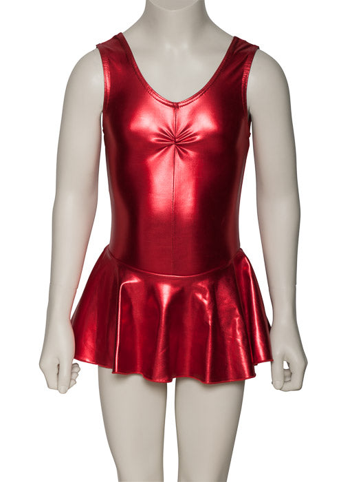 KDR005 Girls Shiny METALLIC Sleeveless Ruched Leotard & Attached Skirt
