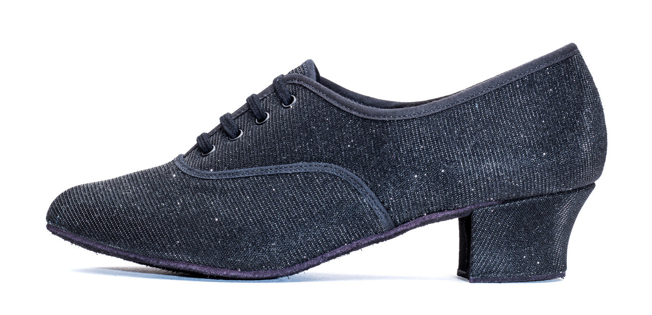 Black Glitter Cuban Heel Suede Sole Lace Up Practice Stage Ballroom Shoes