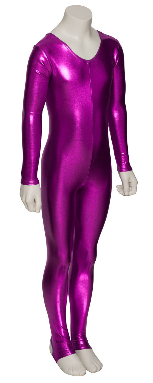 KDC012 Girls Shiny METALLIC All Colours Long Sleeve Stirrup Catsuit Unitard