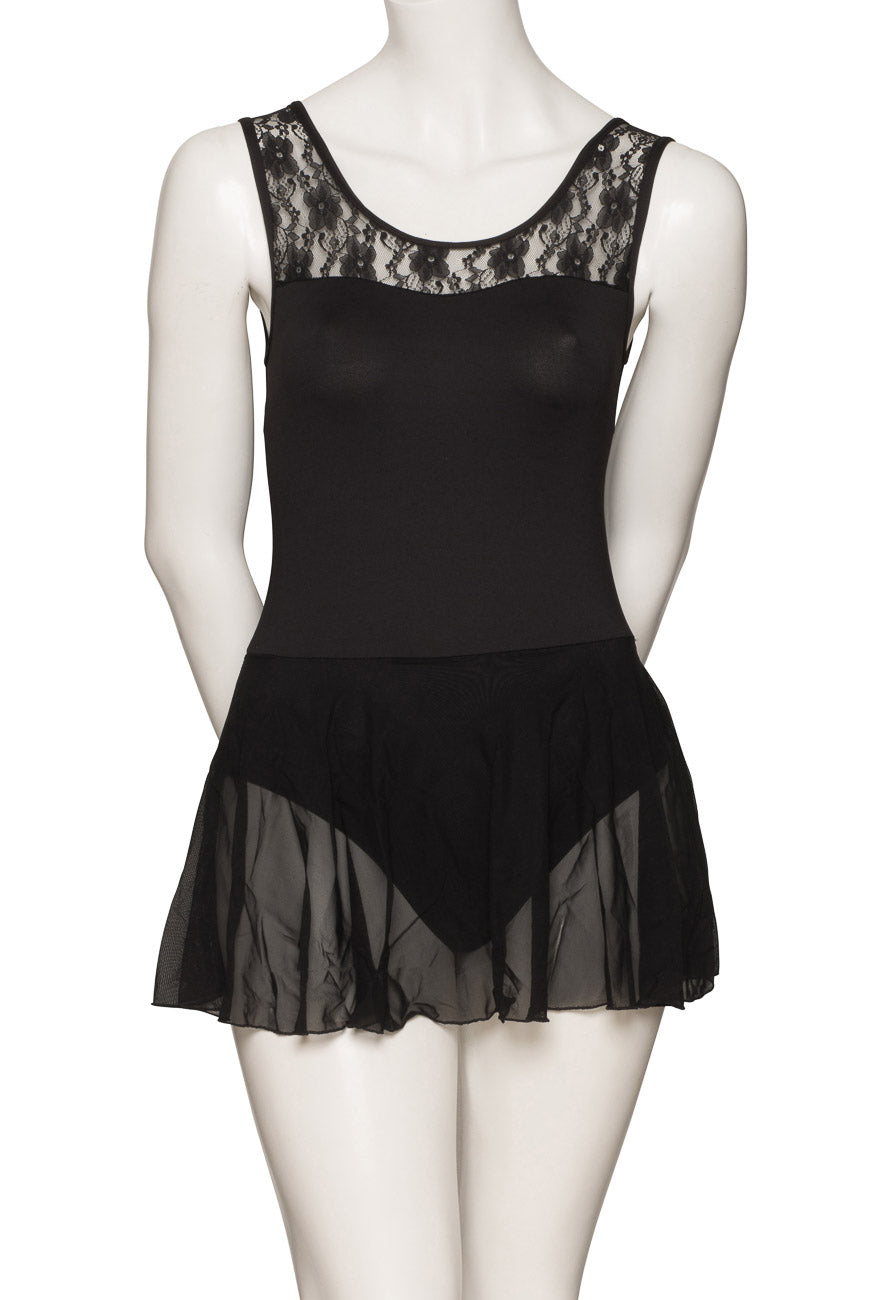 KDF05 Women's Girls Black Matt Lycra Tactel Body Sleeveless Dress With Lace and Mesh