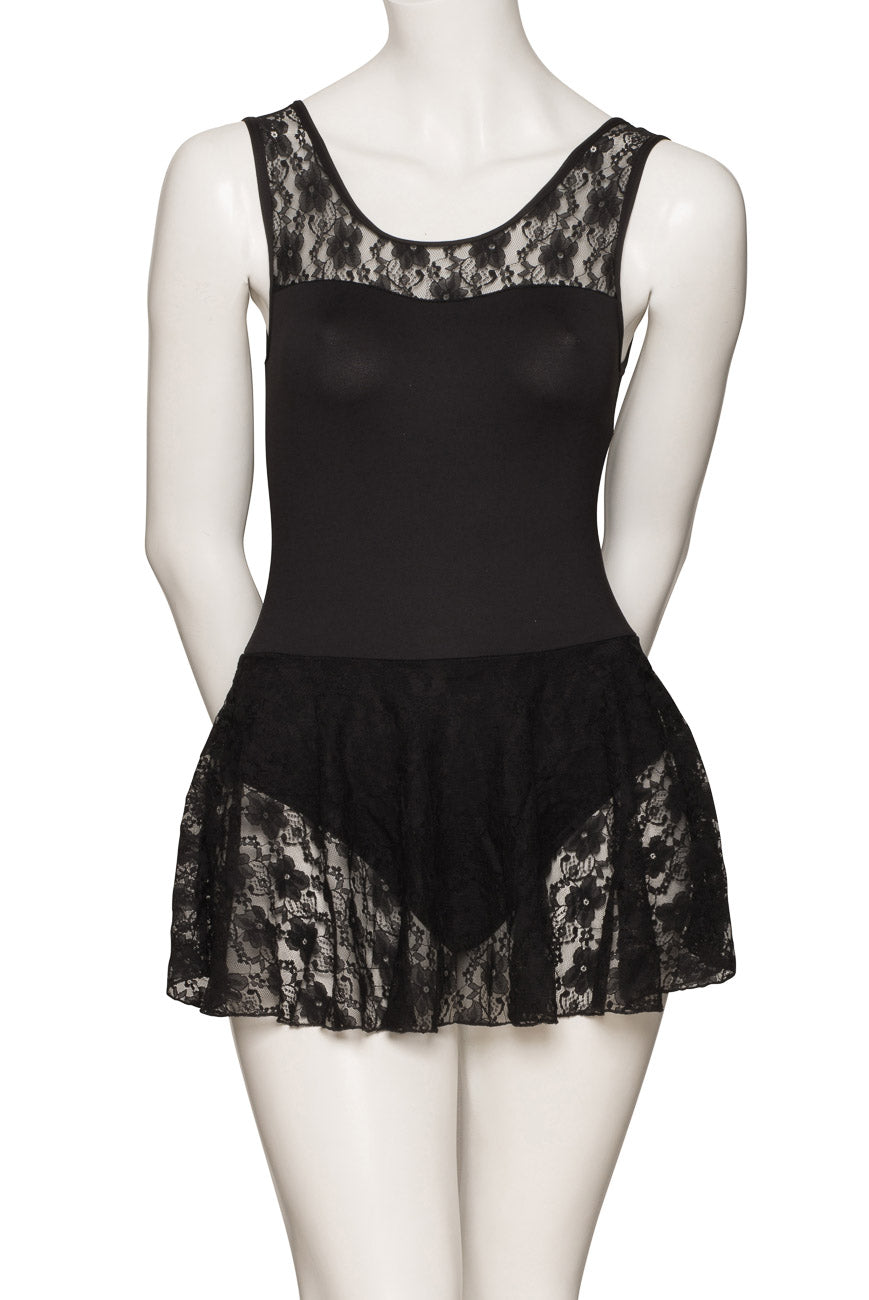 KDFF05 Women's Girls Black Matt Lycra Tactel Body Sleeveless Dress With Lace