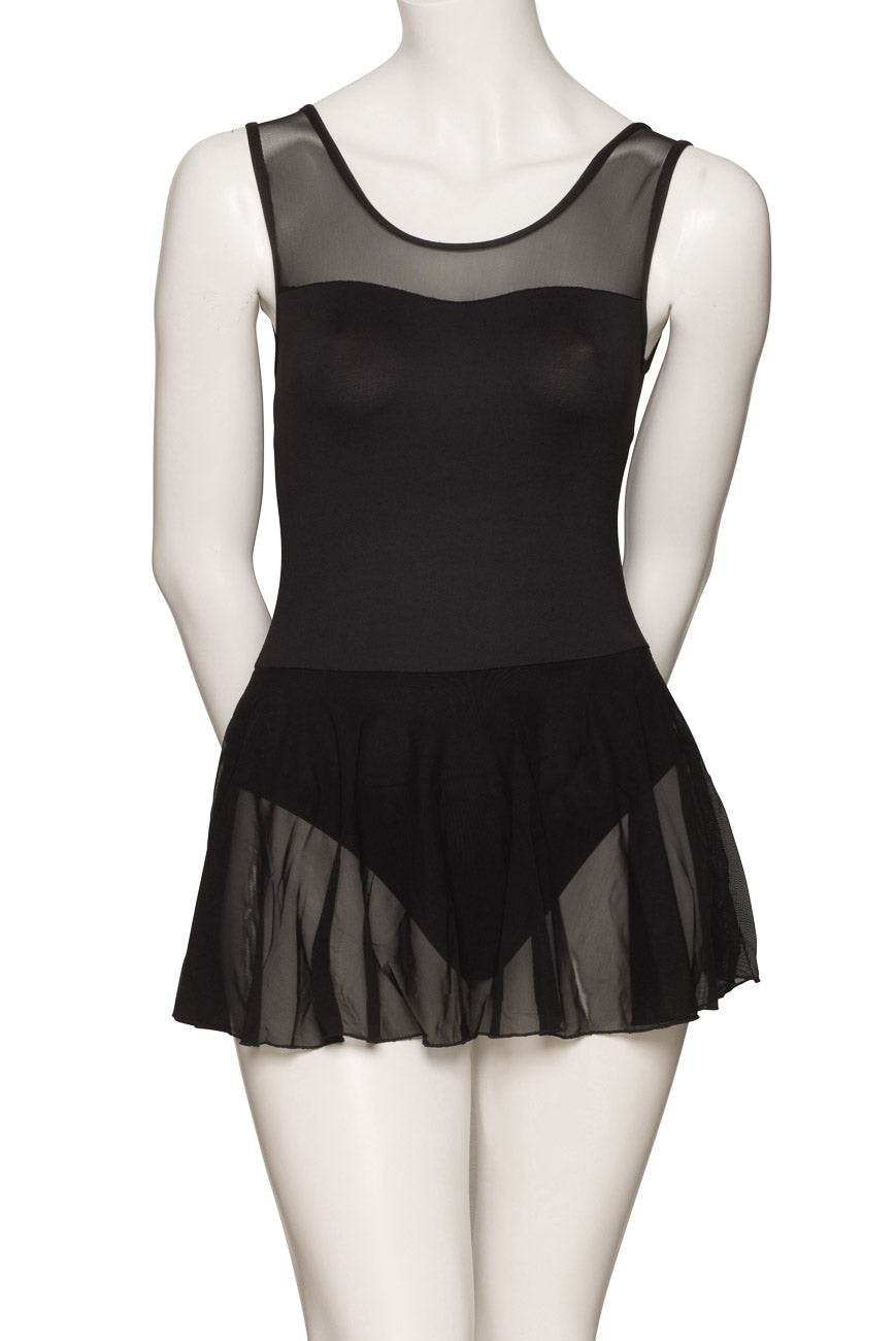 KDFM05 Women's Girls Black Matt Lycra Tactel Body Sleeveless Dress With Mesh