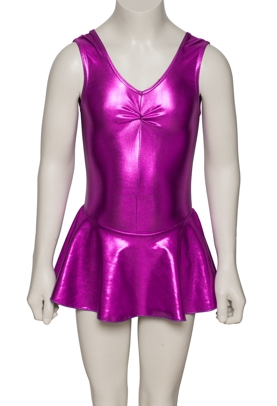 KDR005 Girls Shiny METALLIC Sleeveless Ruched Leotard & Attached Skirt