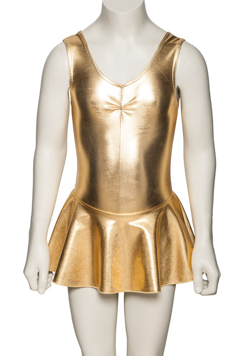 KDR005 Girls Shiny METALLIC Sleeveless Ruched Leotard & Attached Skirt
