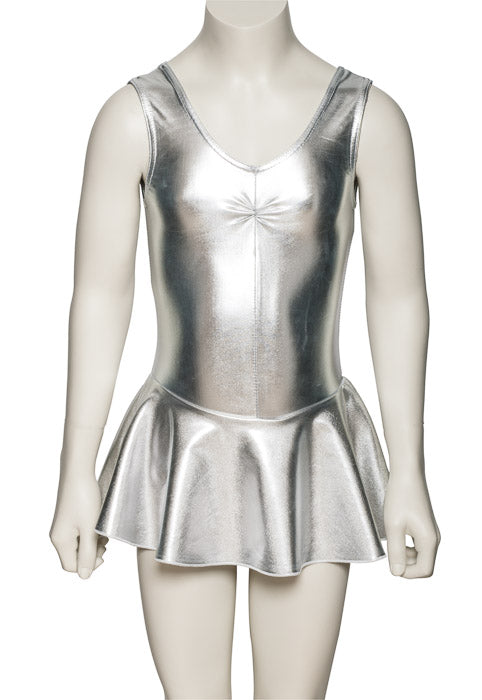 KDR005 Girls Shiny METALLIC Sleeveless Ruched Leotard & Attached Skirt