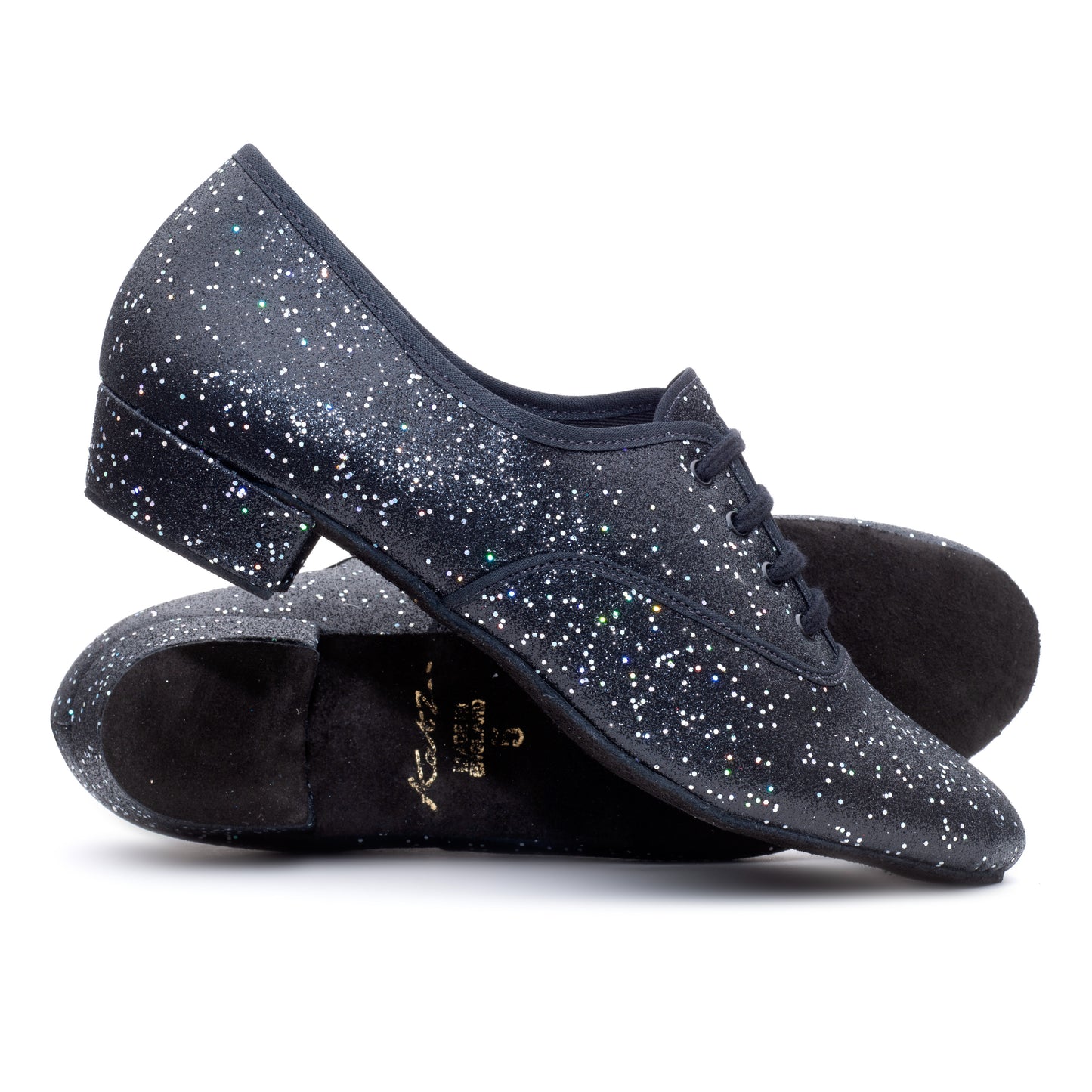Black/Silver Hologram Low Heel Suede Sole Lace Up Practice Stage Ballroom Shoes