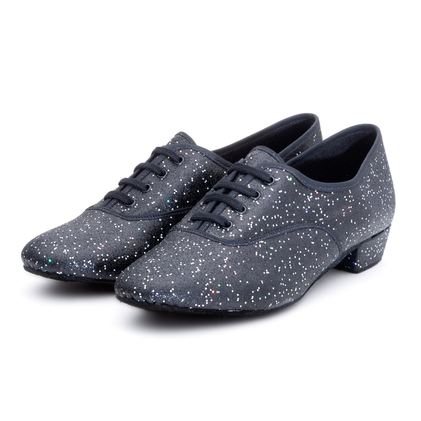 Black/Silver Hologram Low Heel Suede Sole Lace Up Practice Stage Ballroom Shoes