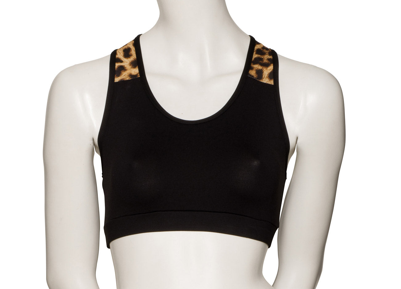 KCTTP-5 Girls Black Tactel Racer Back Dance Crop Top With Animal Print Straps