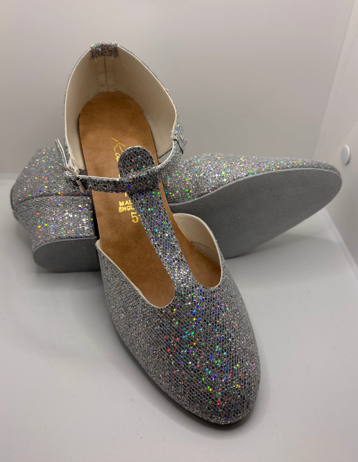 Silver Glitter Greek Dance Sandals Teaching Shoes Cuban Heel