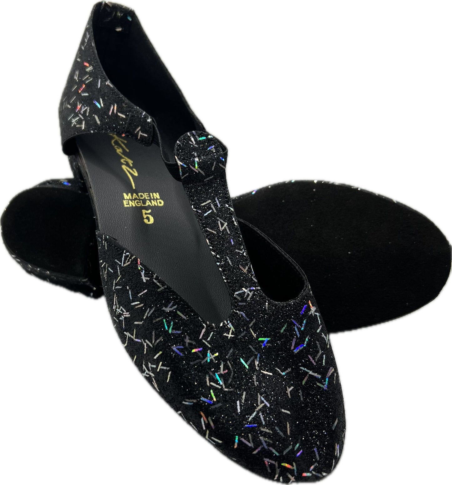 Black Confetti Glitter Greek Dance Sandals Teaching Shoes Low Heel
