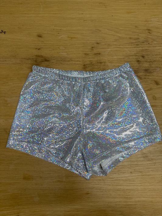 Silver hologram Dance gymnastics hot pants shorts age 11 Katz 3a Ref 21