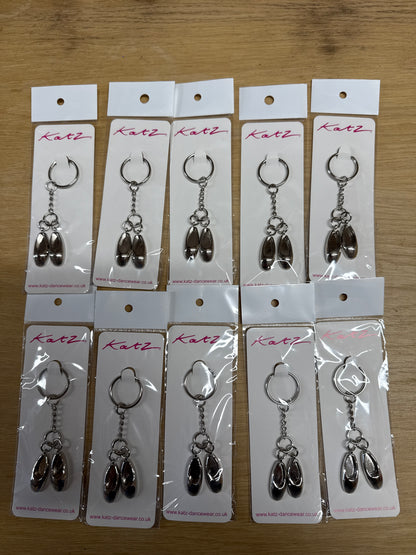 10 x pack of silver double ballet dance shoe keyrings key chains