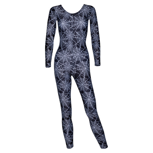 KDC017 All Sizes Halloween Black Spider Web Print Long Sleeve Catsuit Outfit K-09