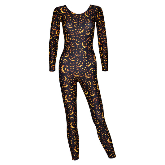 KDC017 All Sizes Black Halloween Pumpkin Print Long Sleeve Catsuit Outfit K-10