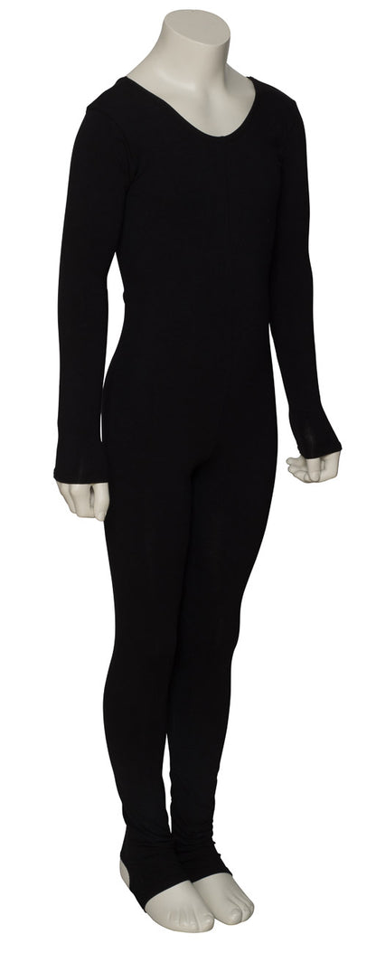 KDC059 Ladies Girls Black Cotton Long Sleeve Catsuit With Stirrups