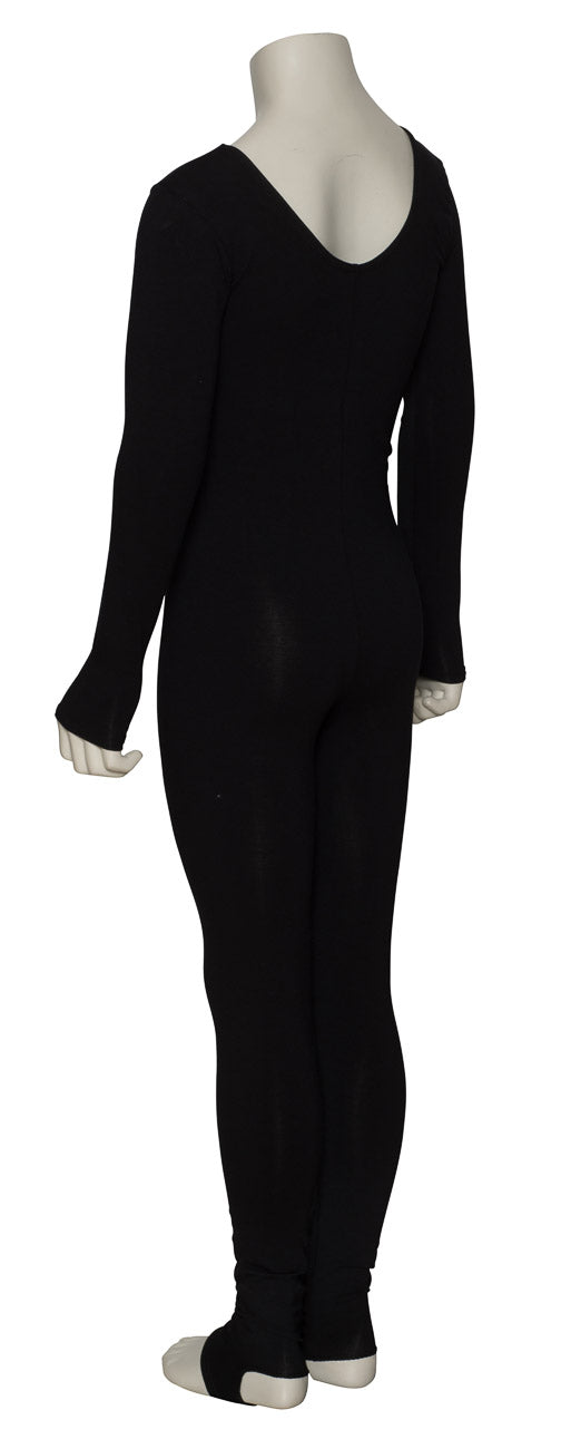 KDC059 Ladies Girls Black Cotton Long Sleeve Catsuit With Stirrups