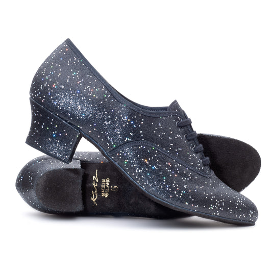 Black/Silver Hologram Cuban Heel Suede Sole Lace Up Practice Stage Ballroom Shoes