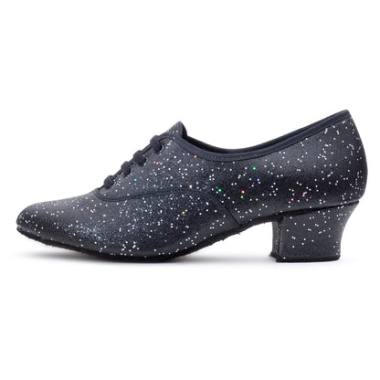 Black/Silver Hologram Cuban Heel Suede Sole Lace Up Practice Stage Ballroom Shoes
