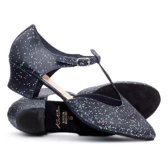 Black/Silver Glitter Greek Dance Sandals Teaching Shoes Cuban Heel