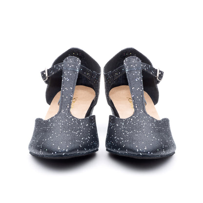 Black/Silver Glitter Greek Dance Sandals Teaching Shoes Cuban Heel