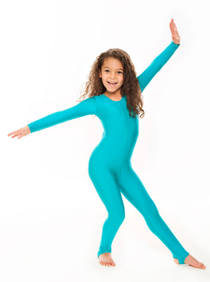 KDC012 Girls All Colours Lycra Long Sleeve Dance Catsuit With Stirrups