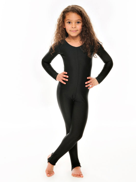 KDC012 Girls All Colours Lycra Long Sleeve Dance Catsuit With Stirrups
