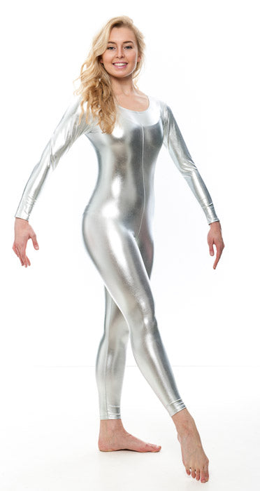 KDC017 Women's Silver Shiny METALLIC All Colours Long Sleeve Footless Catsuit Unitard