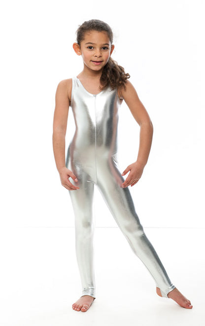 KDC011 Girls Shiny METALLIC All Colours Sleeveless Stirrup Catsuit Unitard