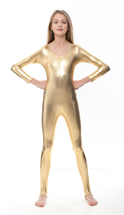 KDC012 Girls Shiny METALLIC All Colours Long Sleeve Stirrup Catsuit Unitard