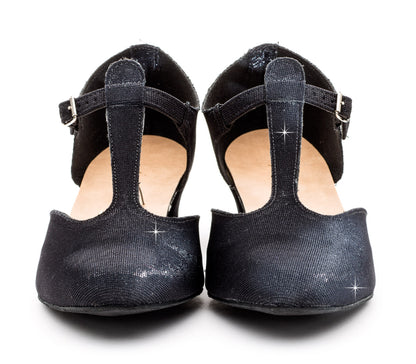 Black Glitter Greek Dance Sandals Teaching Shoes Cuban Heel