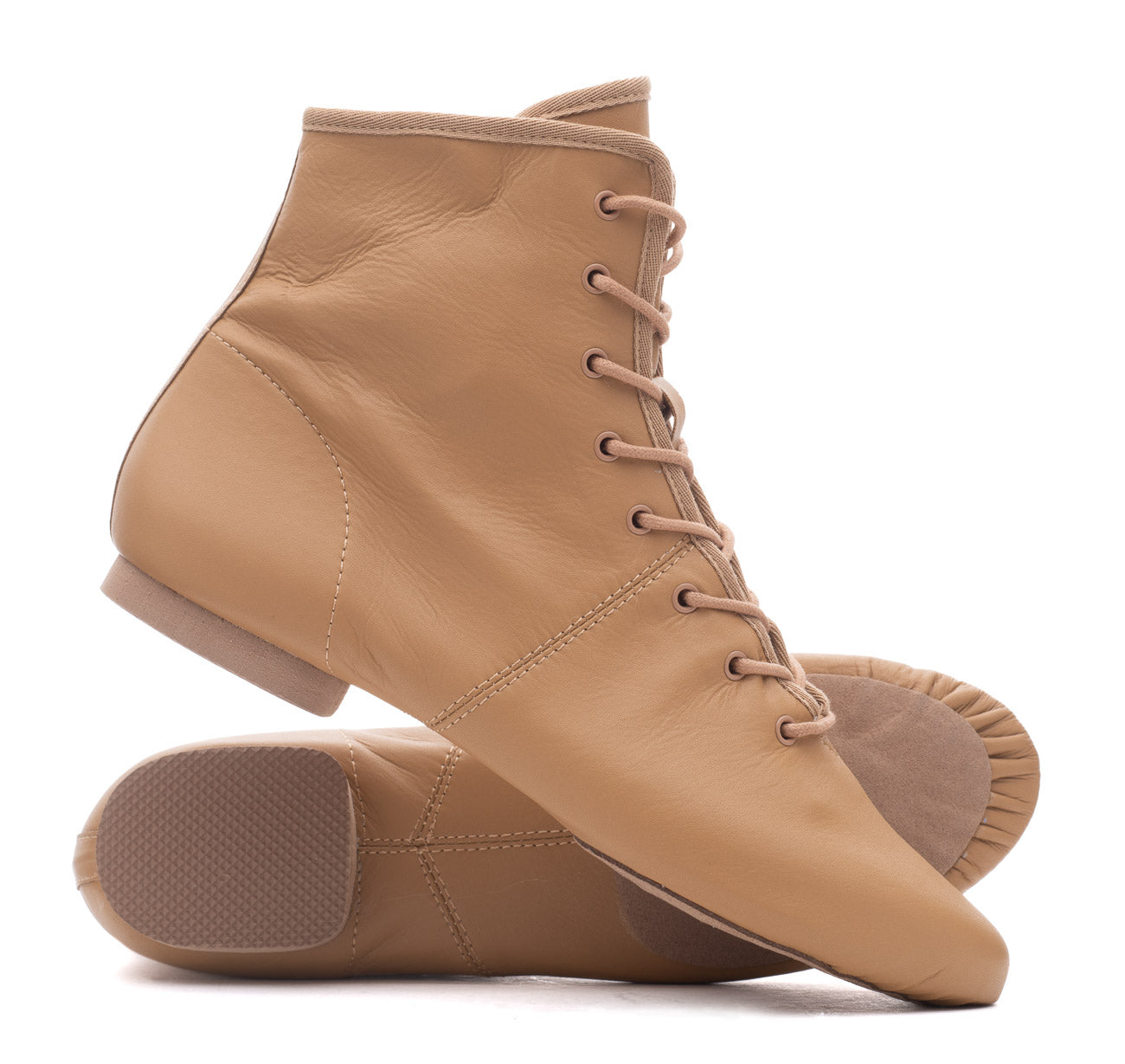 Tan PU Lace Up Rubber Or Suede Split Sole Jazz Boot Dance Practice Shoes