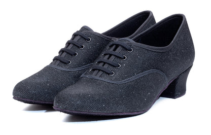 Black Glitter Cuban Heel Suede Sole Lace Up Practice Stage Ballroom Shoes