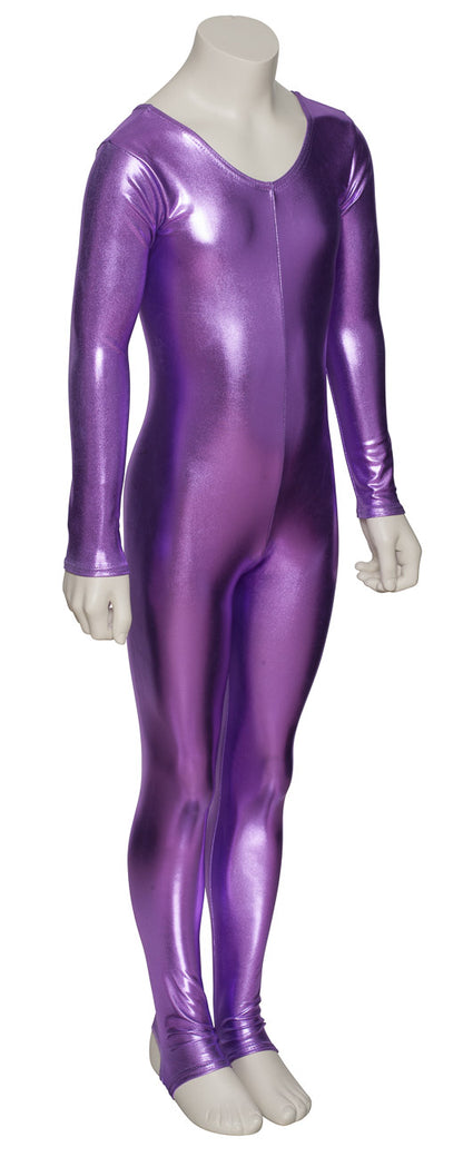 KDC012 Girls Shiny METALLIC All Colours Long Sleeve Stirrup Catsuit Unitard