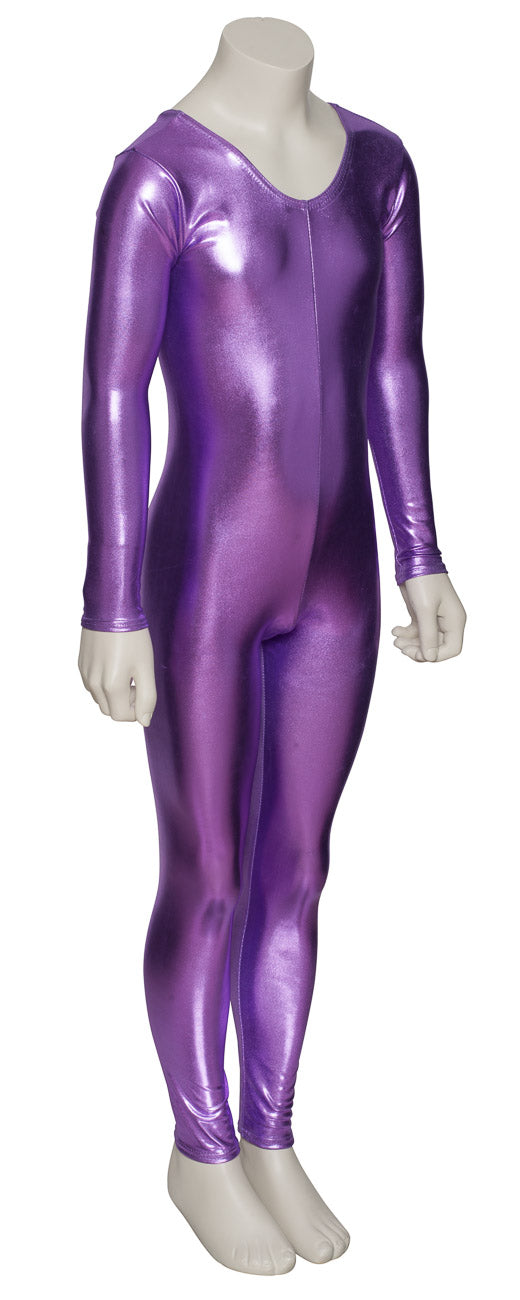 KDC012 Girls Shiny METALLIC All Colours Long Sleeve Stirrup Catsuit Unitard