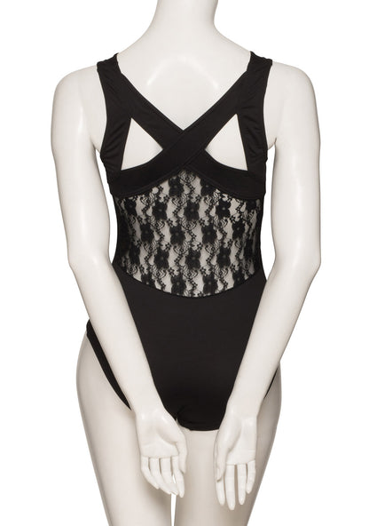 KDFF01 Women's Girls Black Matt Lycra Soft Tactel Lace Ballet Dance Sleeveless Leotard