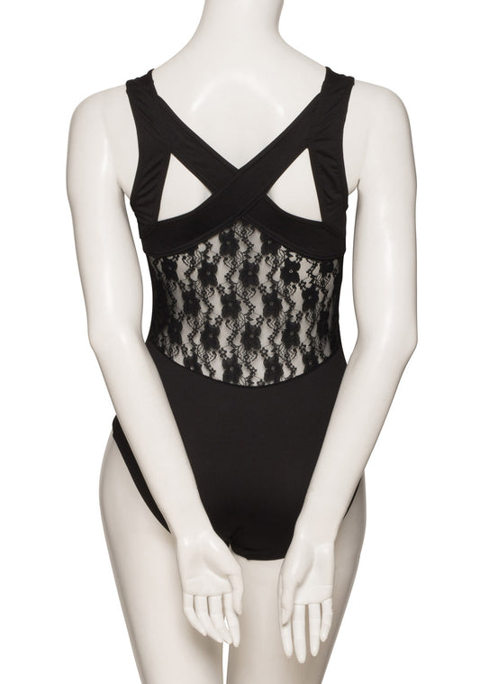 KDFF01 Women's Girls Black Matt Lycra Soft Tactel Lace Ballet Dance Sleeveless Leotard