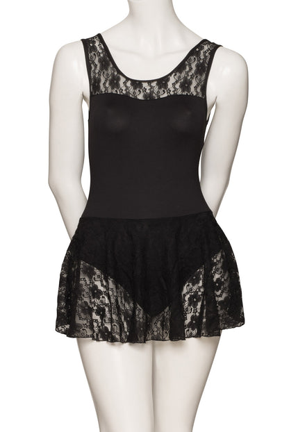 KDFF05 Women's Girls Black Matt Lycra Tactel Body Sleeveless Dress With Lace
