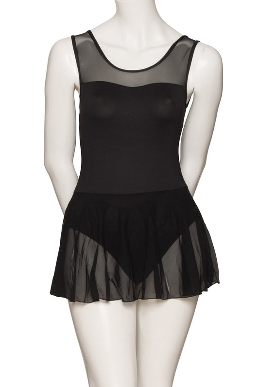 KDFM05 Women's Girls Black Matt Lycra Tactel Body Sleeveless Dress With Mesh