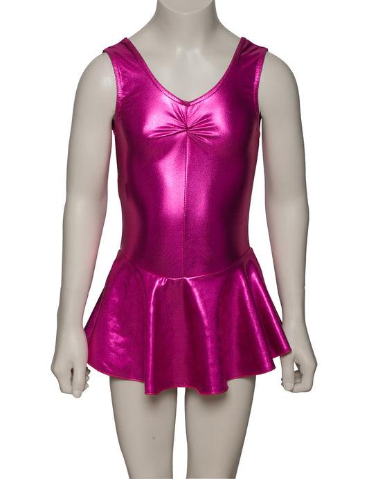 KDR005 Girls Shiny METALLIC Sleeveless Ruched Leotard & Attached Skirt