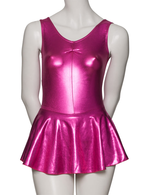 KDR005 Women's Shiny METALLIC All Colours Sleeveless Ruched Leotard & Attached Skirt