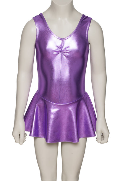 KDR005 Girls Shiny METALLIC Sleeveless Ruched Leotard & Attached Skirt