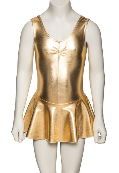KDR005 Girls Shiny METALLIC Sleeveless Ruched Leotard & Attached Skirt